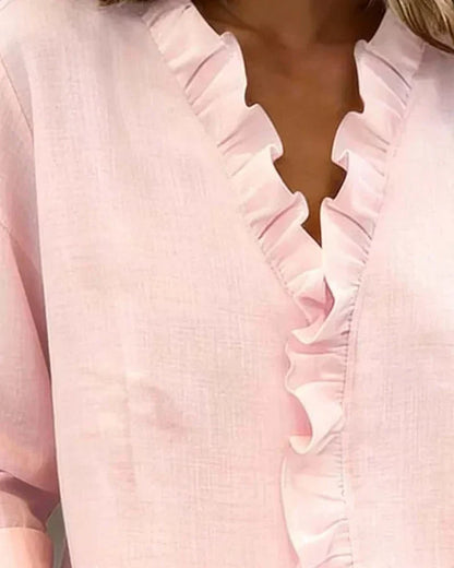 Indie | Blouse with Ruffles, V-Neck and Long Sleeves