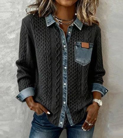 Ambra | Knitted Top in Patchwork with Denim Details