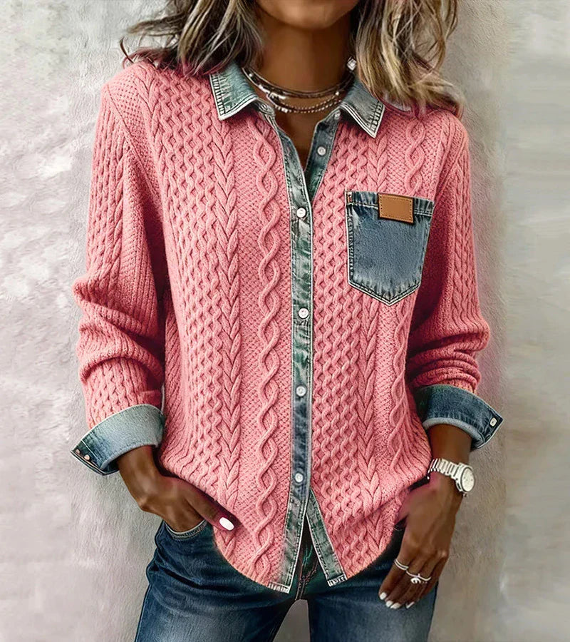 Ambra | Knitted Top in Patchwork with Denim Details